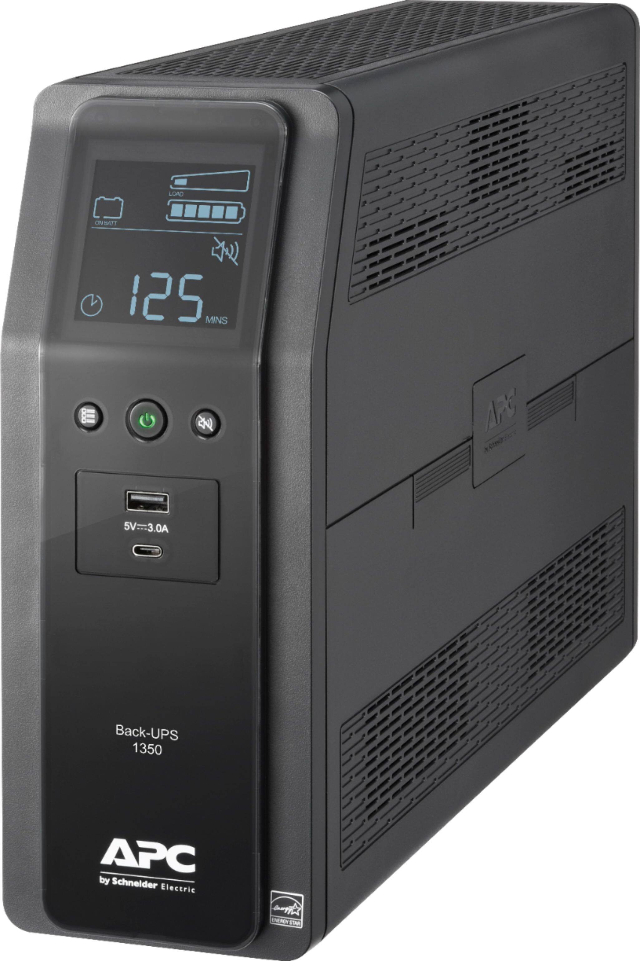 Front. APC - Back-UPS Pro BN 1350VA, 10 Outlets, 2 USB Charging Ports, AVR, LCD Interface - Black.
