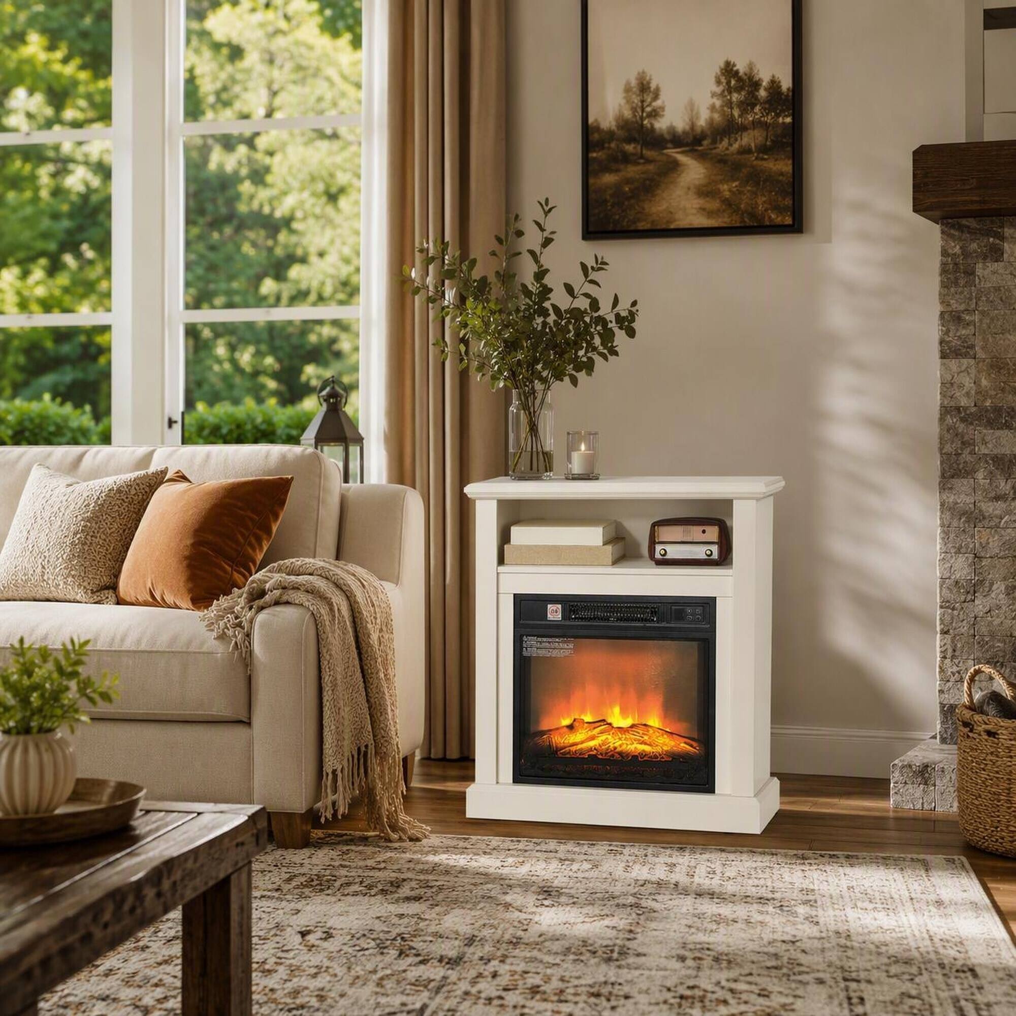 Angle. RYHNUYNE - 27-inch Freestanding Electric Fireplace with Mantel, 1400W Heater, Realistic LED Flame, Remote Control - White.