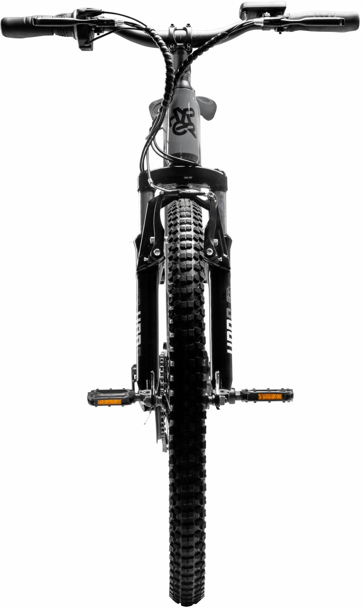 Angle. Hyper - 26" Mountain Electric Bike eBike 20mph Max Speed - 35 Mile Operating Range - Class 2 Throttle - UL Approved & Certified - Grey.