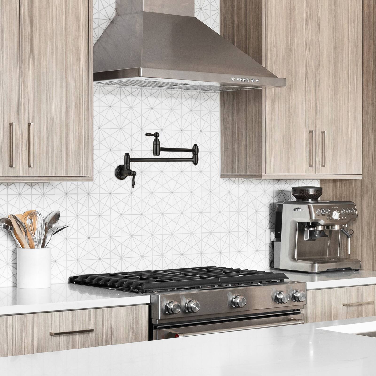 Alt View 4. Akicon - Akicon Wall-Mounted Solid Brass Pot Filler Kitchen Faucet with Dual Joint Swing Arms for Stovetop in Matte Black - Matte Black.