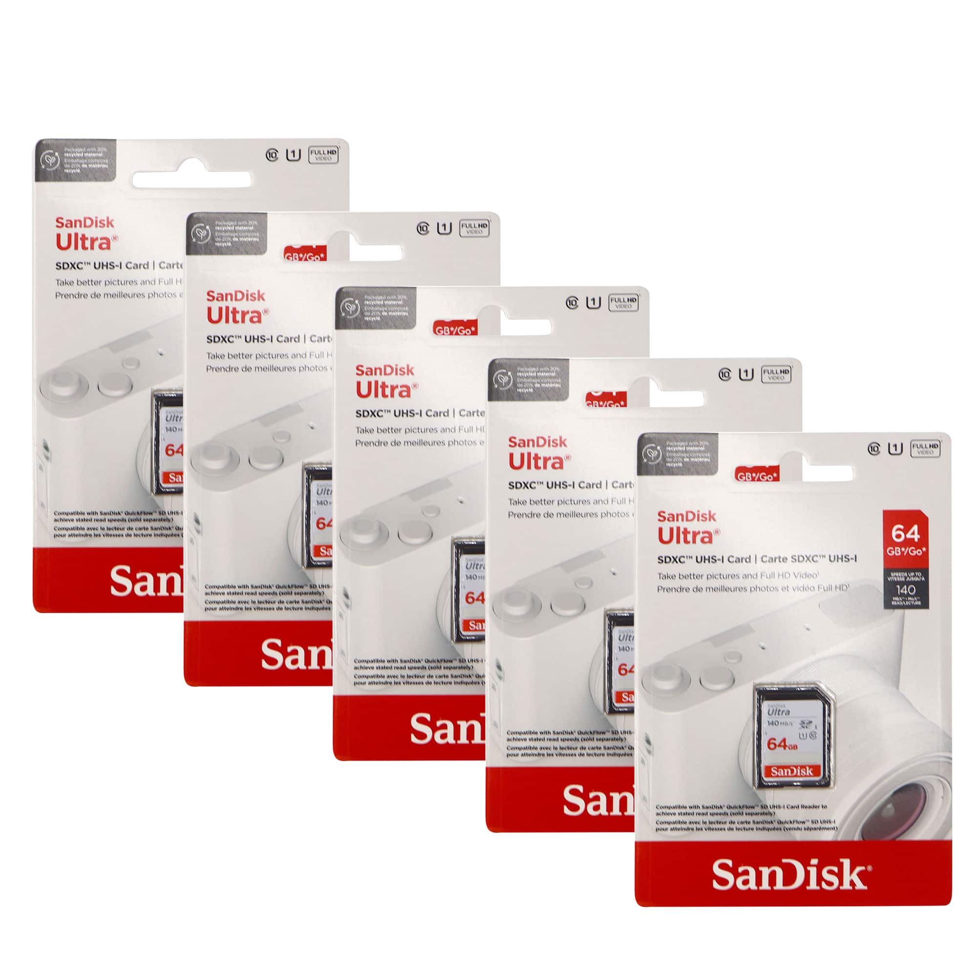 5x SanDisk 64GB Ultra SDXC UHS-I Memory Card - Up to 140MB/s