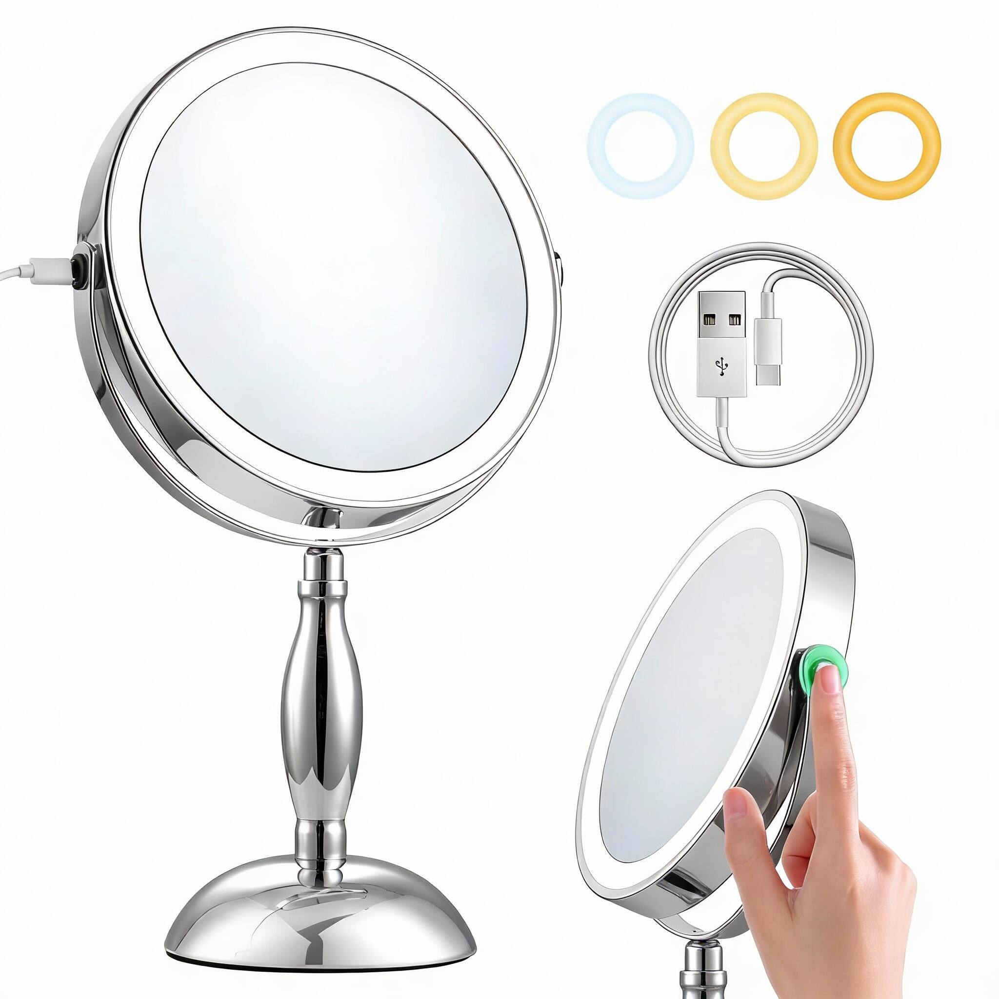Front. PO3TICJUNKI3 - Makeup Mirror With Light 30x Magnifying 3 Lights Colors Vanity Brushed Nickel 360 Rotation Brightness - Chrome 30X.