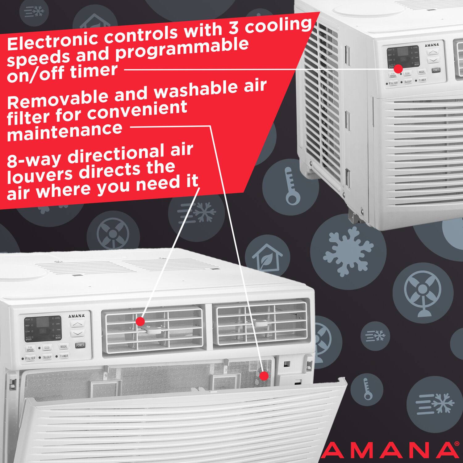 Electronic controls with 3 cooling speeds and programmable on/off timer  
Removable and washable air filter for convenient maintenance  
8-way directional air louvers direct the air where you need it