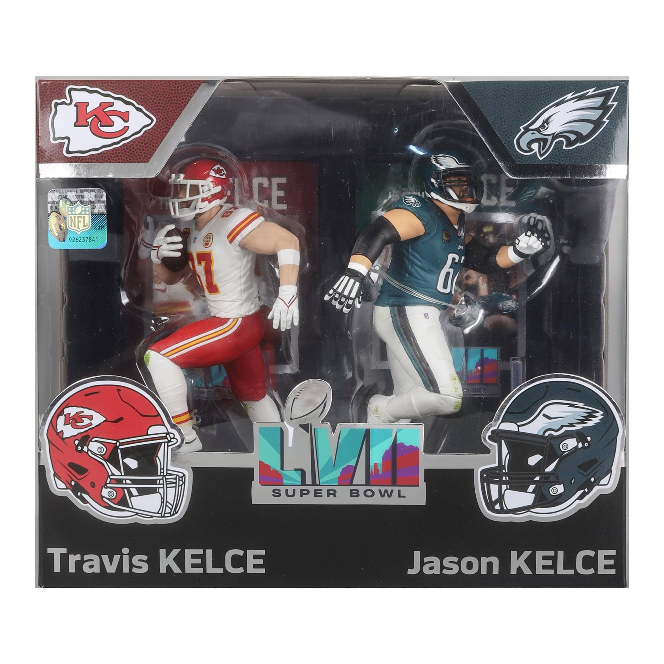 Sure, here is the corrected and grouped text from the image:

---

**Top Left:**
- KC

**Top Right:**
- Eagles

**Left Side:**
- Travis KELCE

**Right Side:**
- Jason KELCE

**Center:**
- SUPER BOWL

**Bottom Left:**
- 926257841

**Bottom Center:**
- NFL

**Bottom Right:**
- 6

**Additional Text:**
- STE - ETS ::0:: NFL 924211841 7 CE 0900 AI CE 6 K LMII

---