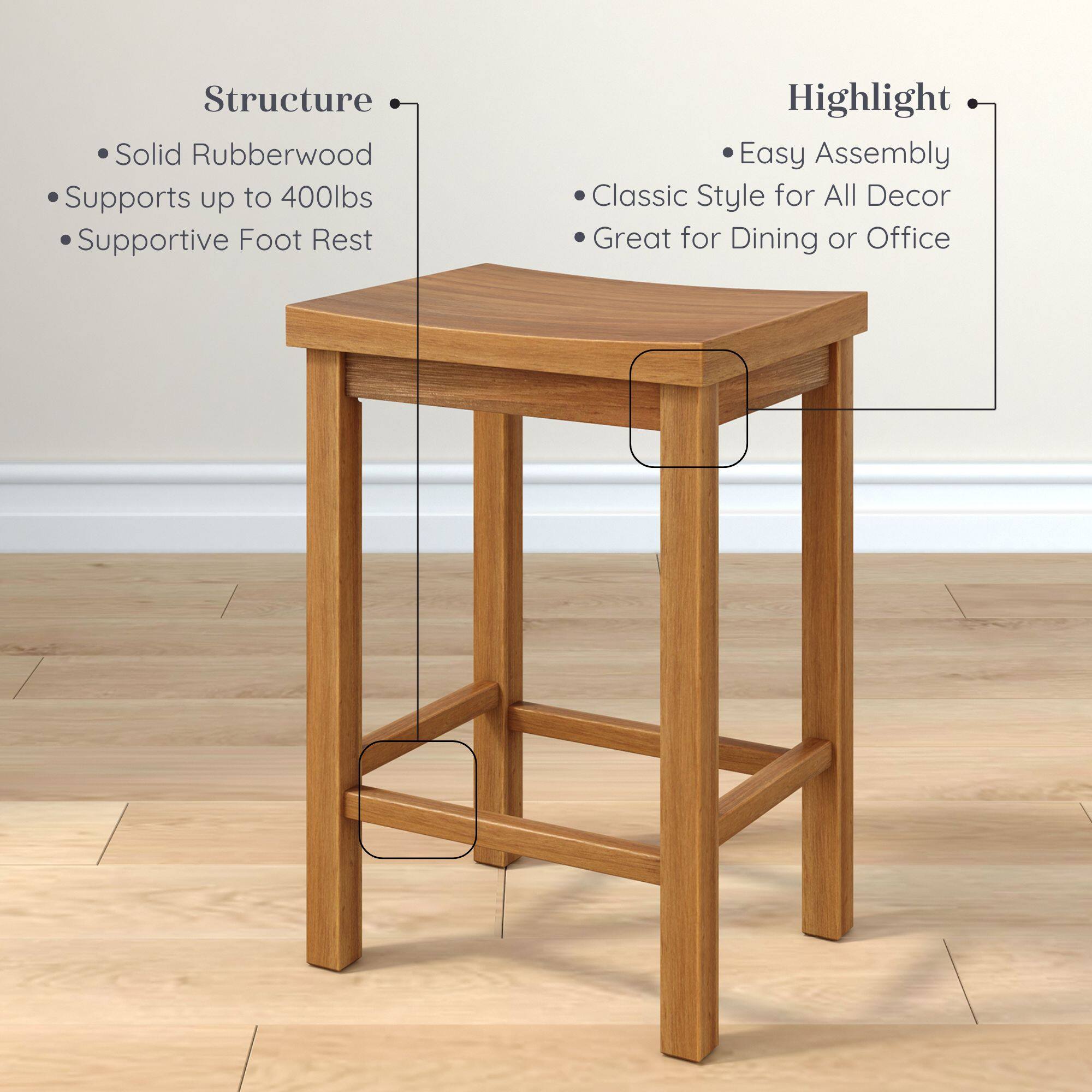 Structure: Solid Rubberwood, Supports up to 400lbs, Supportive Foot Rest

Highlight: Easy Assembly, Classic Style for All Decor, Great for Dining or Office