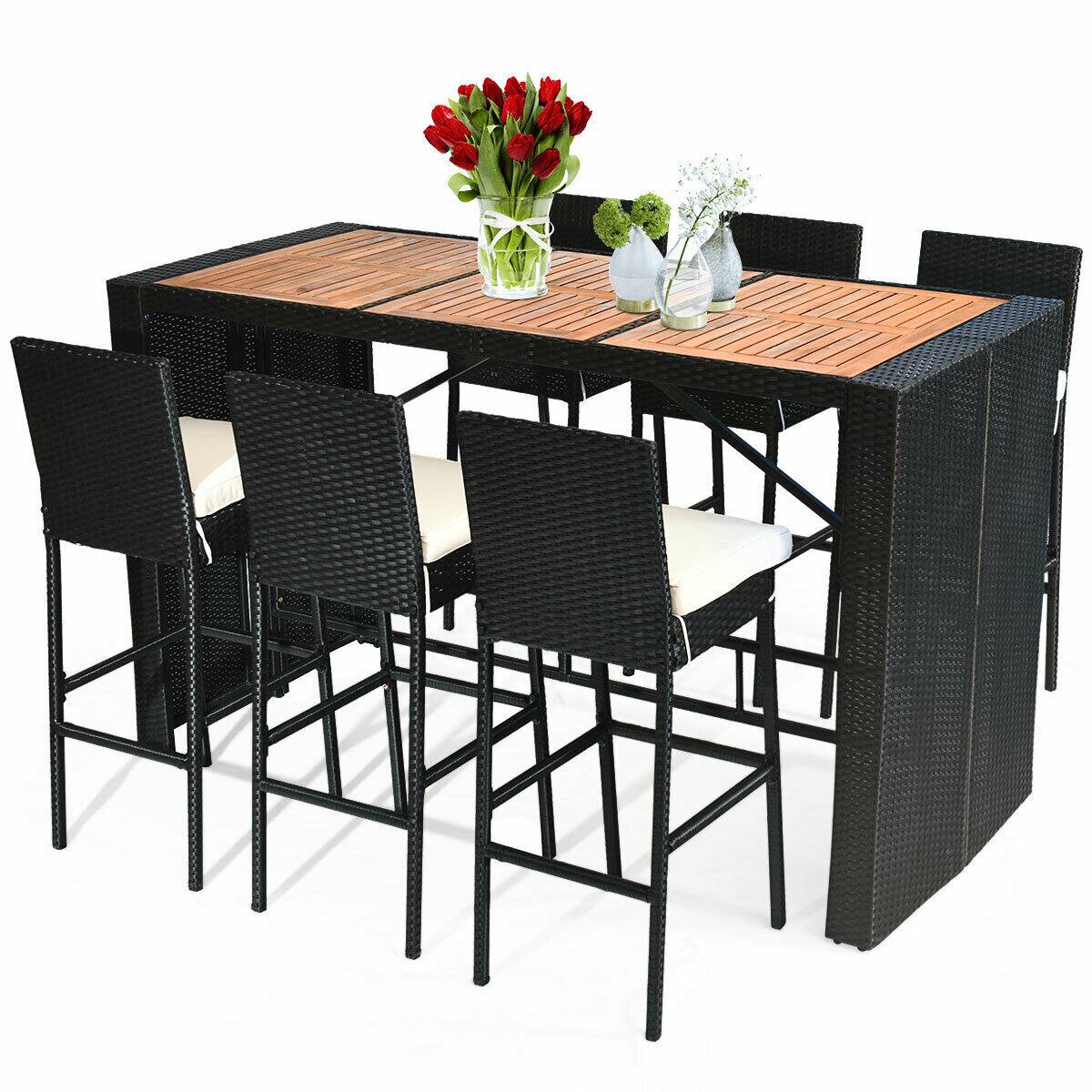 Front. Costway - 7 PCS Patio Rattan Wicker Bar Dining Furniture Set wood Table Top 6 Stools - Black (As Picture Shows).