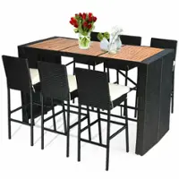 COSTWAY 7 PCS Patio Rattan Wicker Bar Dining Furniture Set wood Table Top 6 Stools - Black (As Picture Shows) - Front_Zoom