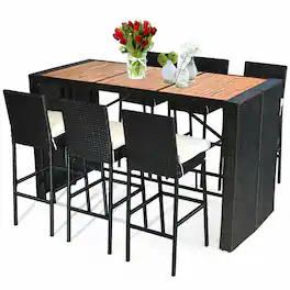 Costway - 7 PCS Patio Rattan Wicker Bar Dining Furniture Set wood Table Top 6 Stools - Black (As Picture Shows)