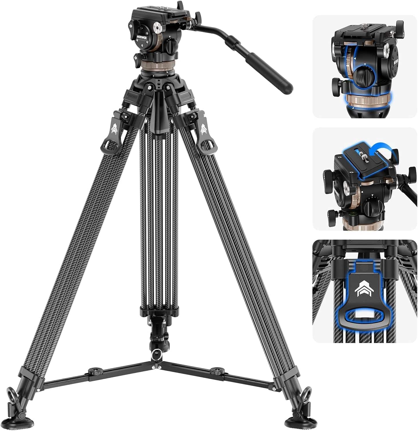 Neewer - 78" Carbon Fiber Video Tripod with Fluid Head, 6-Step Balance & 4-Step Damping, Mid Spreader, 18lb Load