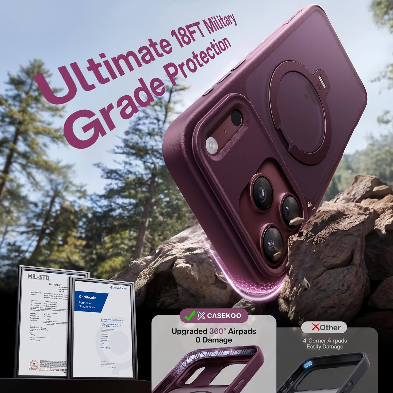 18FT Military Ultimate Protection Grade  
MIL-STD TEST REPORT  
Certificate Partner in climote oction  
Yourure NIS - SECULAR  
CASEKOO Upgraded 360 Airpads 0 Damage  
Xother 4-Corner Airpads Easily Damage