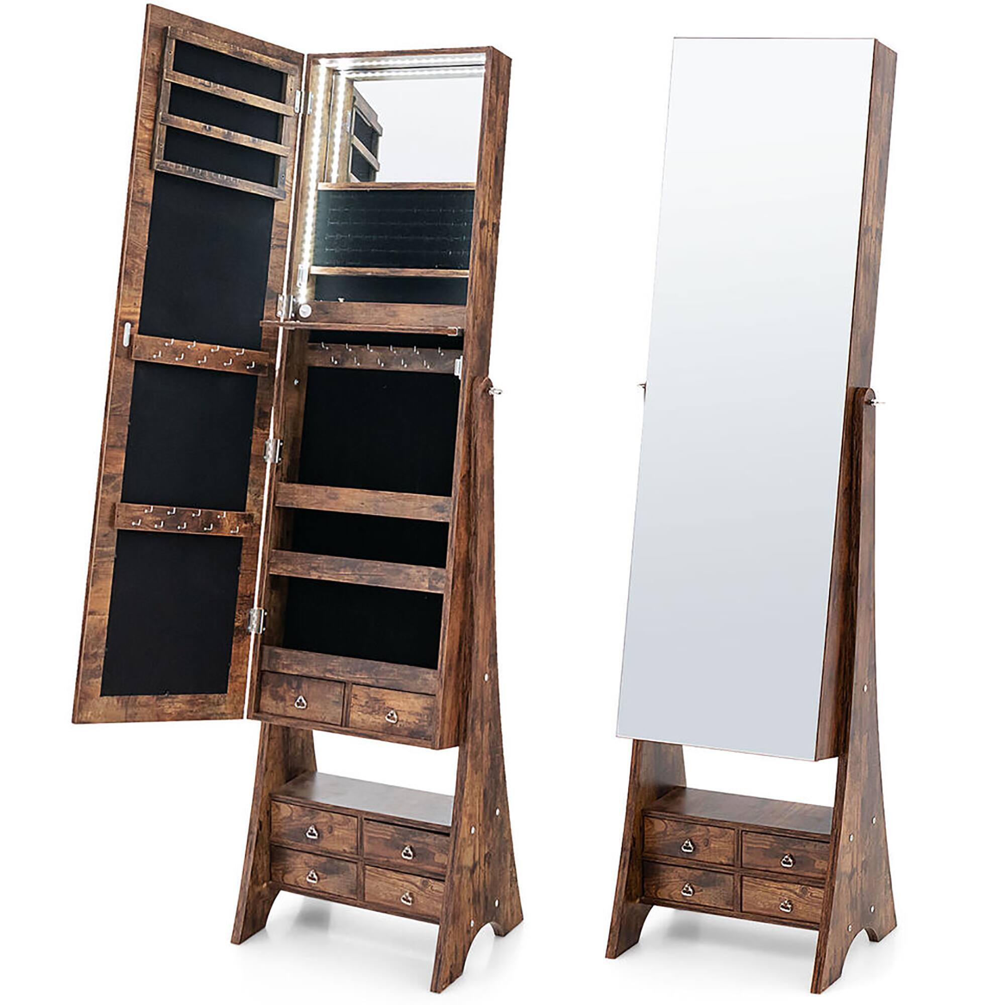 Alt View 8. Gymax - Gymax Jewelry Cabinet Armoire Full Length LED Mirror W/ Makeup Shelf & 6 Drawers - Rustic Brown.