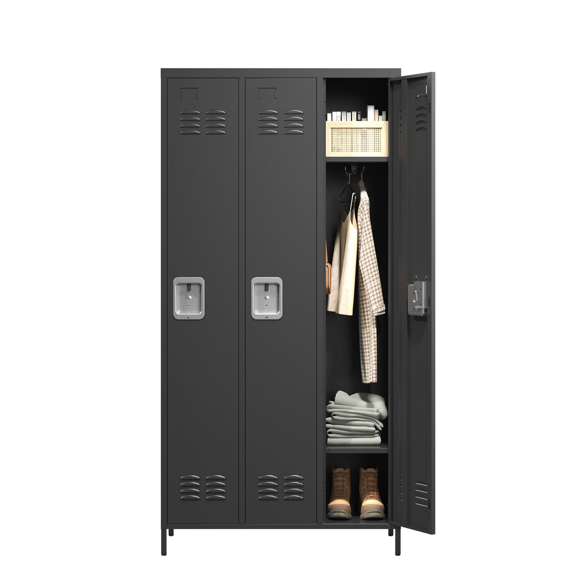 Alt View 7. GOODSILO - Three-Door Steel Storage Locker Cabinet for Secure Organization in Home Gym Office or Garage - Black.