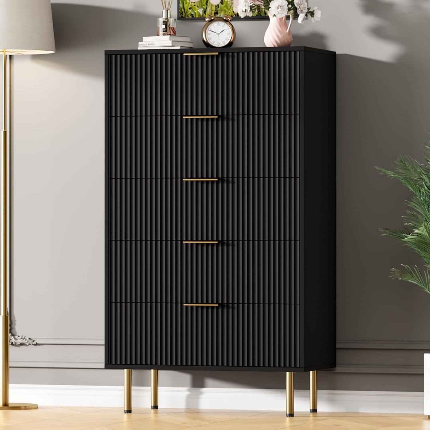 Front. GARVEE - 5 Drawer Dresser for Bedroom, Wooden Chest with Wide Drawers, Modern Storage Organizer for Closet, Hallway - Black.