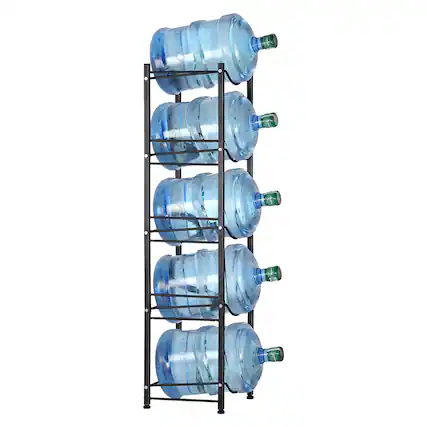 Front. Oumilen - Black 5-Tier Square Tube Water Jug Rack, 5 Gallon Water Bottle Storage Stand with Adjustable Feet - Black.