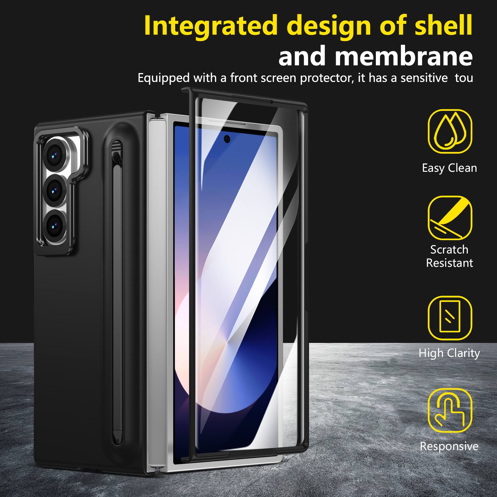 Integrated design of shell and membrane  
Equipped with a front screen protector, it has a sensitive touch  
Easy Clean  
Scratch Resistant  
High Clarity  
Responsive