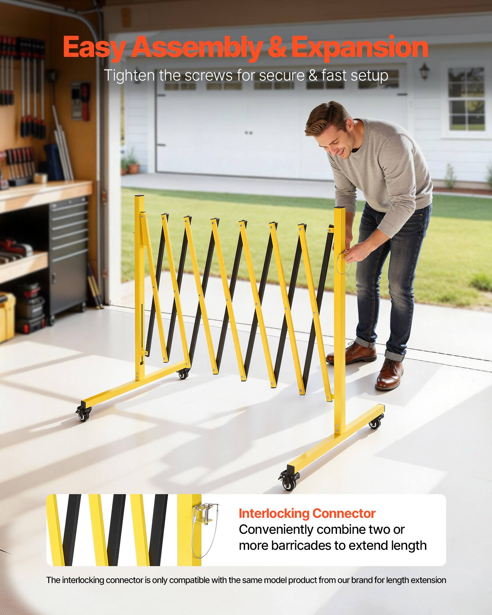 Easy Assembly & Expansion  
Tighten the screws for secure & fast setup  

Interlocking Connector  
Conveniently combine two or more barricades to extend length  
The interlocking connector is only compatible with the same model product from our brand for length extension