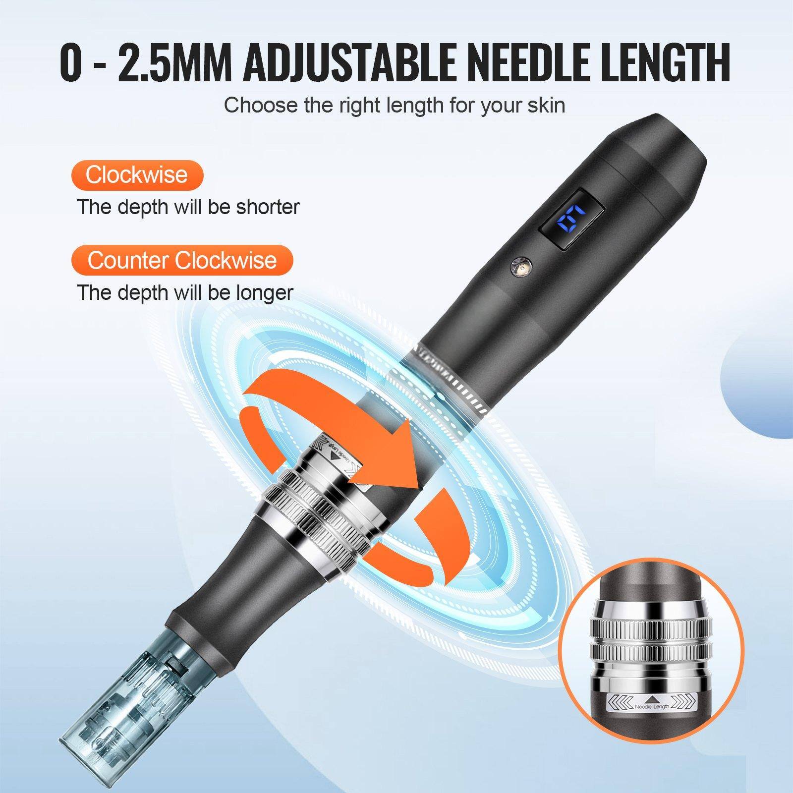 0 - 2.5MM ADJUSTABLE NEEDLE LENGTH  
Choose the right length for your skin  

Clockwise  
The depth will be shorter  

Counter Clockwise  
The depth will be longer