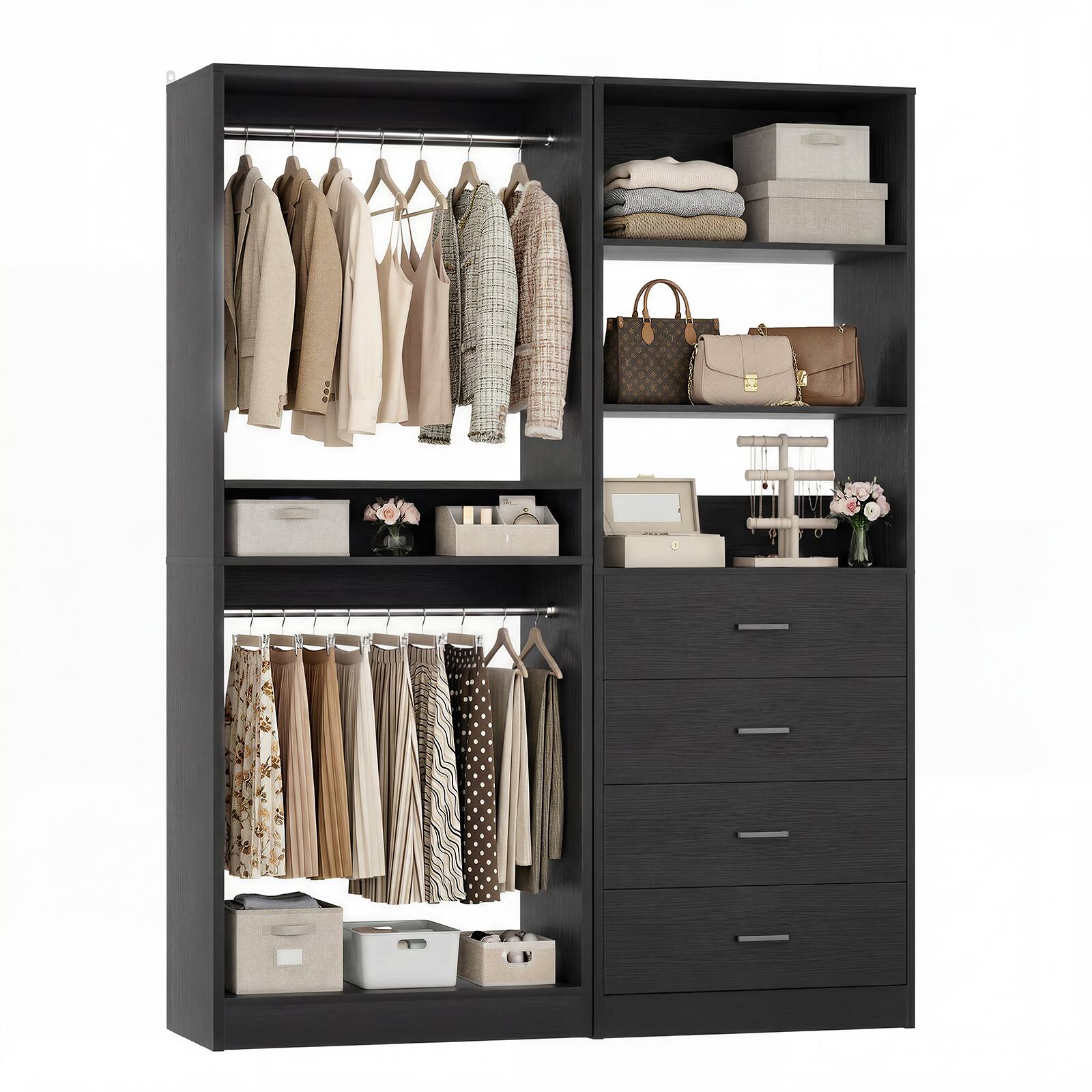 Angle. Aheaplus - 46.3" Walk-in Closet Organizer System with 4 Wooden Drawers and 2 Hanging Rods - Black.