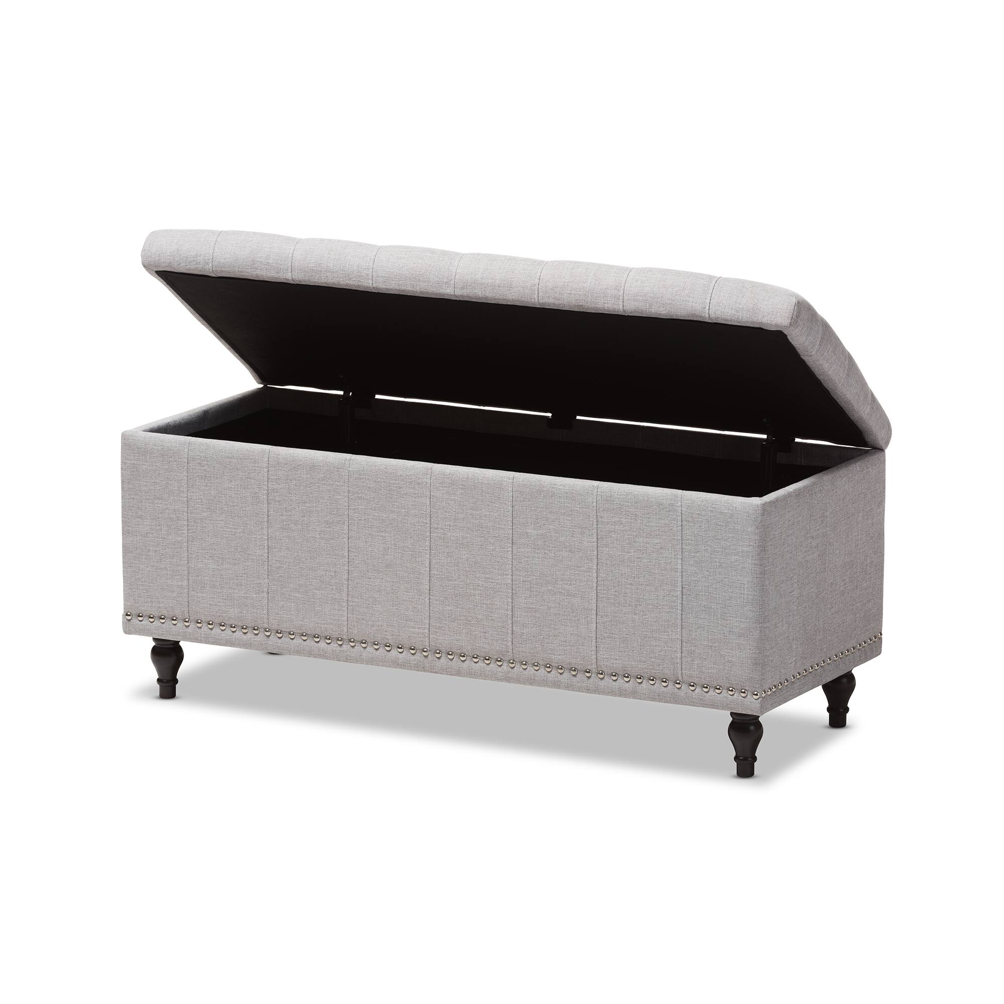 Angle. Baxton Studio - Kaylee Modern Classic Fabric Upholstered Button-Tufting Storage Ottoman Bench - Grayish Beige.