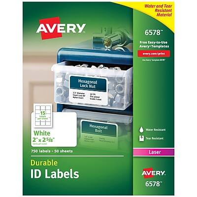 Avery 6578  
Water and Tear Resistant Material  
Free Easy-to-Use Avery Templates  
avery.com/print  

Hexagonal Lock Nut  
17 Saa Myle 2 Zn 3  
15 Gabeis White  
2 x 25/8" (actual size)  

Hexagonal Bolt  
Water Resistant  
Tear Resistant  

750 labels - 50 sheets  
Durable ID Labels  
Laser  

Avery 6578