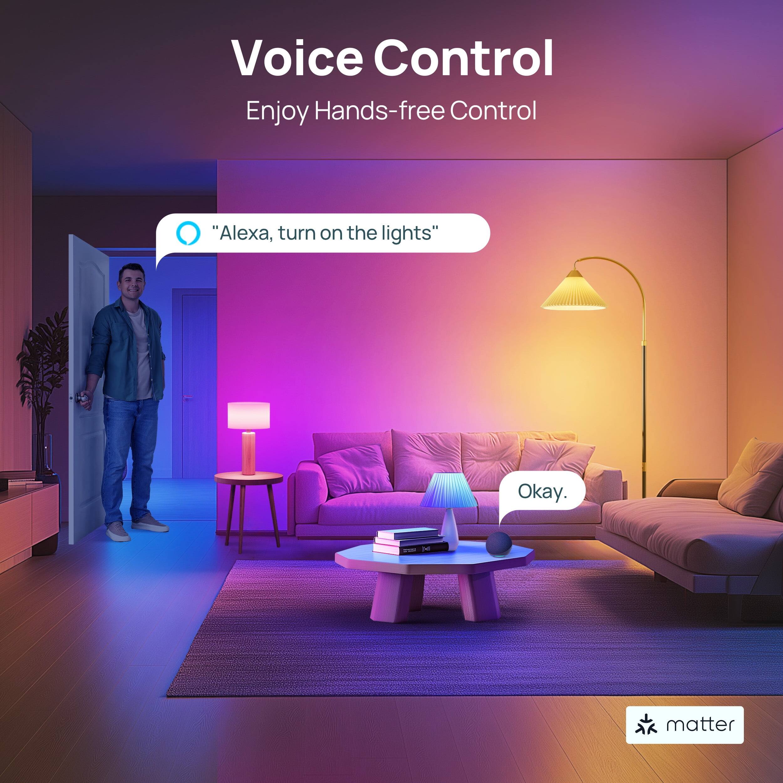 Voice Control  
Enjoy Hands-free Control

"Alexa, turn on the lights"

Okay.

matter
