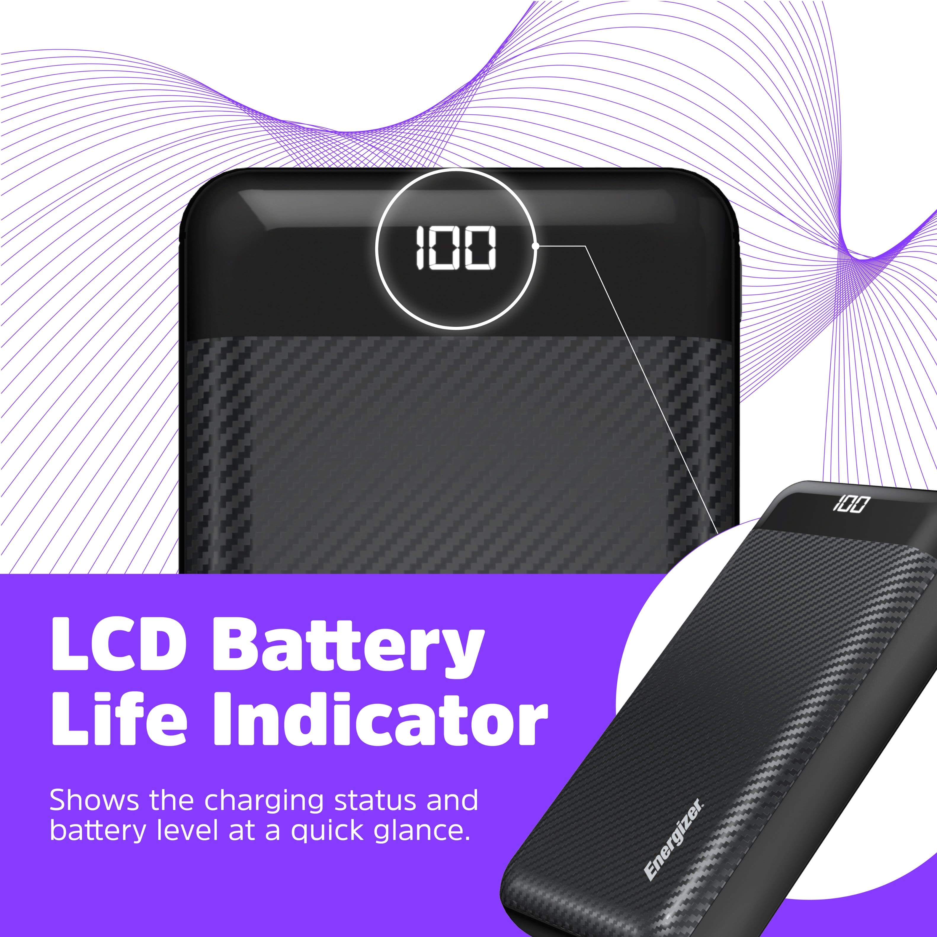 The image features a product called the LCD Battery Life Indicator, which is designed to show the charging status and battery level at a quick glance. The product is made by Energizer, and it is displayed in a purple and black color scheme. The LCD Battery Life Indicator is a convenient tool for monitoring the battery life of electronic devices.