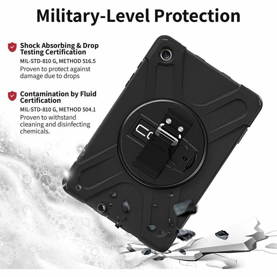 Military-Level Protection

- Shock Absorbing & Drop Testing Certification  
  MIL-STD-810 G, METHOD 516.5  
  Proven to protect against damage due to drops

- Contamination by Fluid Certification  
  MIL-STD-810 G, METHOD 504.1  
  Proven to withstand cleaning and disinfecting chemicals.