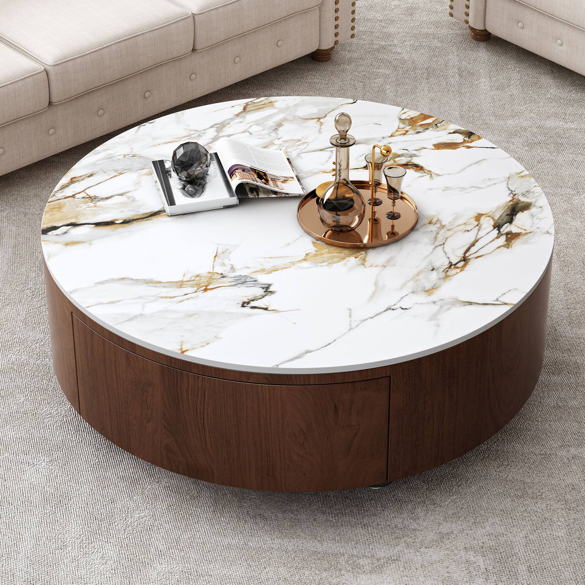 Front. Tiramisubest - Rustic Round Coffee Table with 2 Drawers and Sintered Stone Top, Modern Living Room Center Table - Walnut Brown,White+Multi.