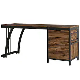 Kadyn - Study Writing Desk, Computer Desk,Industrial Computer Desk, 59" Study Desk with Reversible Drawer Cabinet - Brown