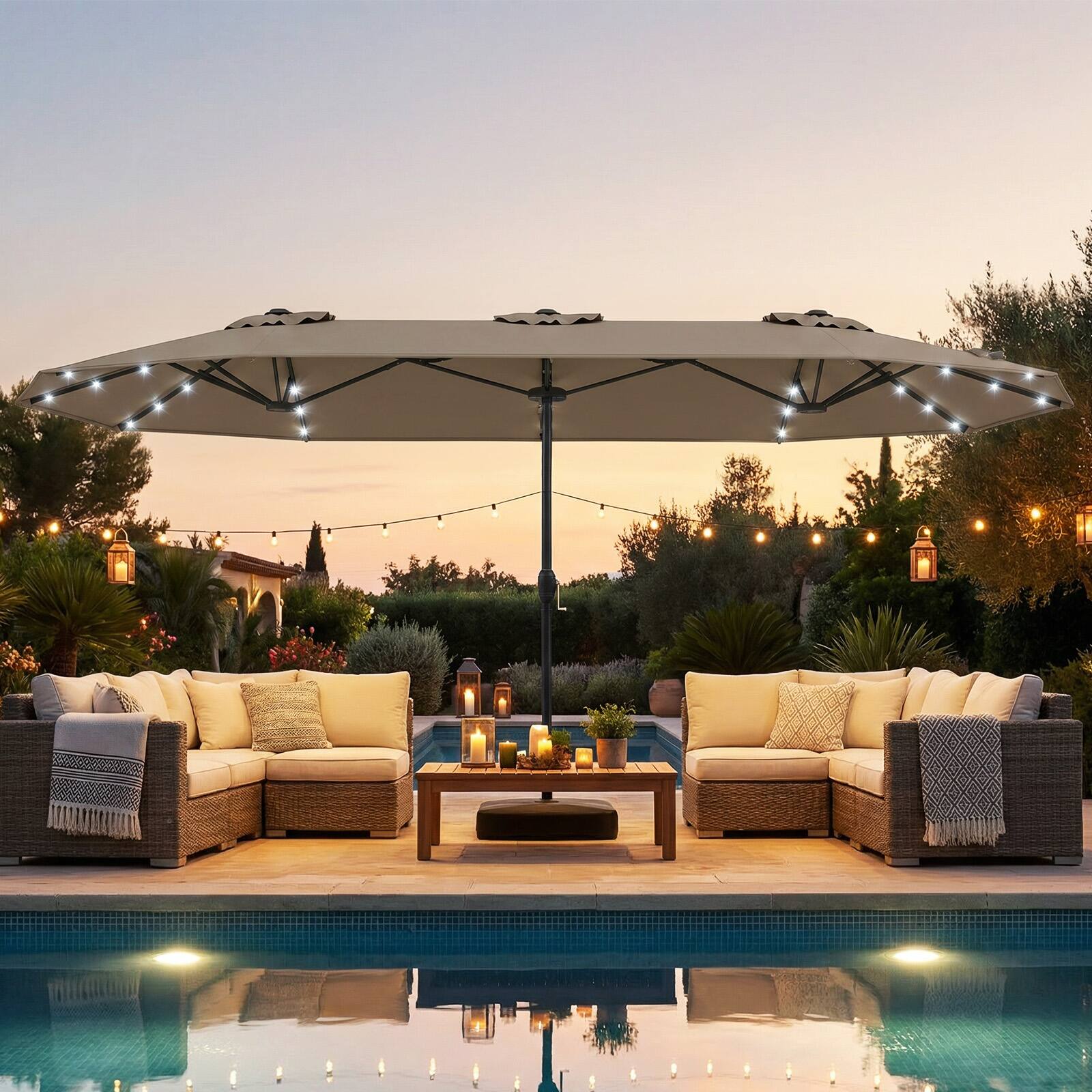 Alt View 1. Costway - Costway 13FT Double-sided Patio Umbrella with Solar Lights Crank Handle Umbrella Base - Tan.