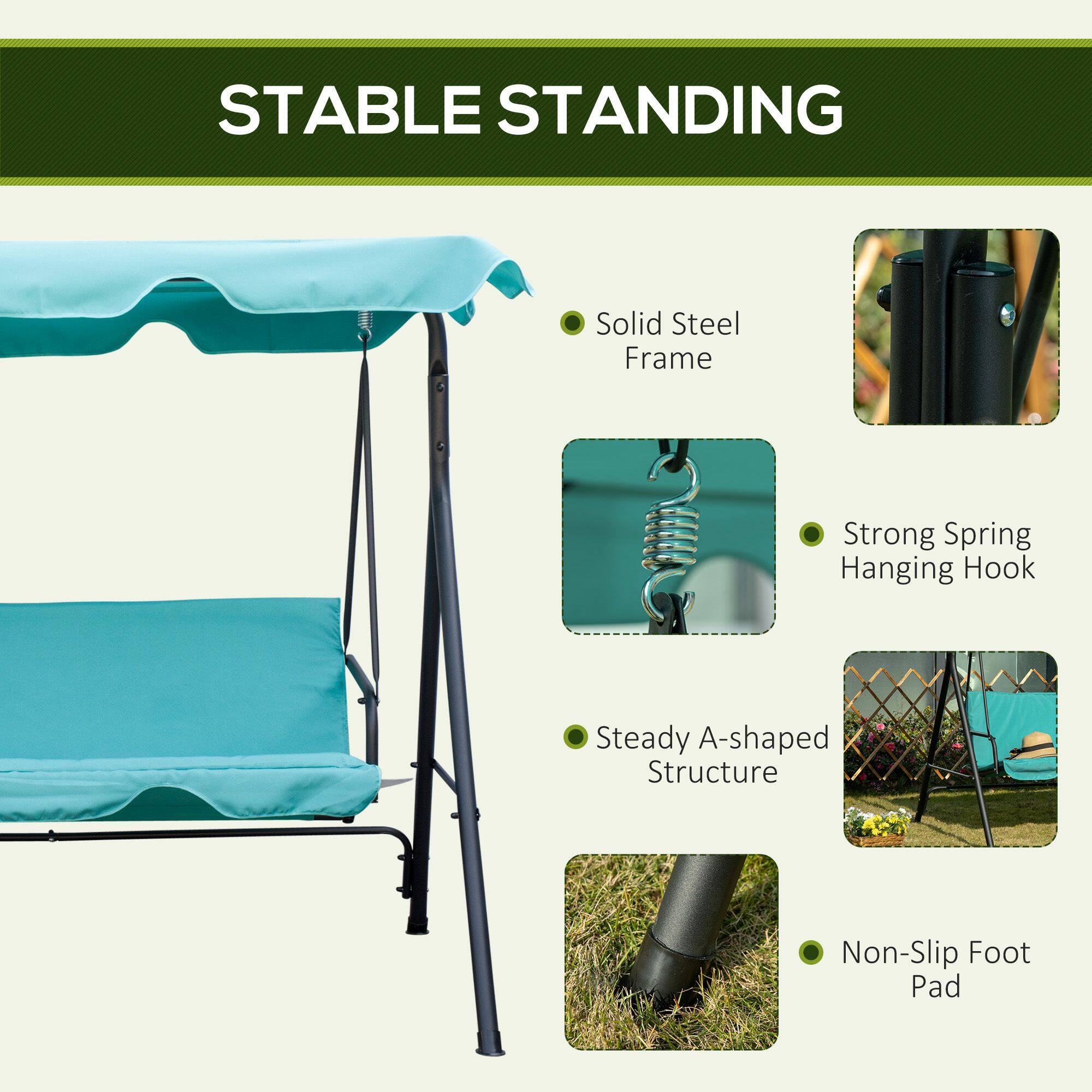The text can be grouped and corrected as follows:

- **Stable Standing**
  - Solid Steel Frame
  - Strong Spring Hanging Hook
  - Steady A-shaped Structure
  - Non-Slip Foot Pad