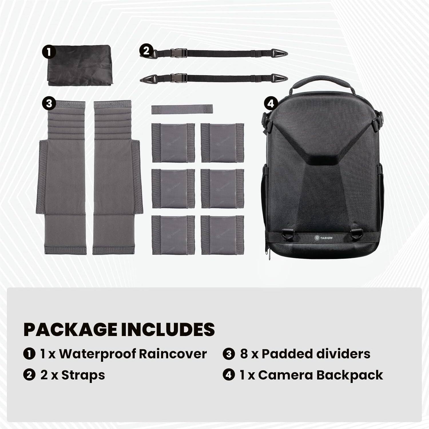 PACKAGE INCLUDES

1. 1x Waterproof Raincover
2. 2x Straps
3. 8x Padded dividers
4. 1x Camera Backpack