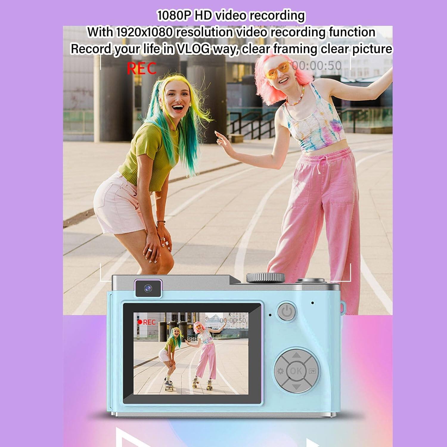 1080P HD video recording  
With 1920x1080 resolution video recording function  
Record your life in VLOG way, clear framing clear picture  
REC 00:00:50  
REC On :00:50 OK