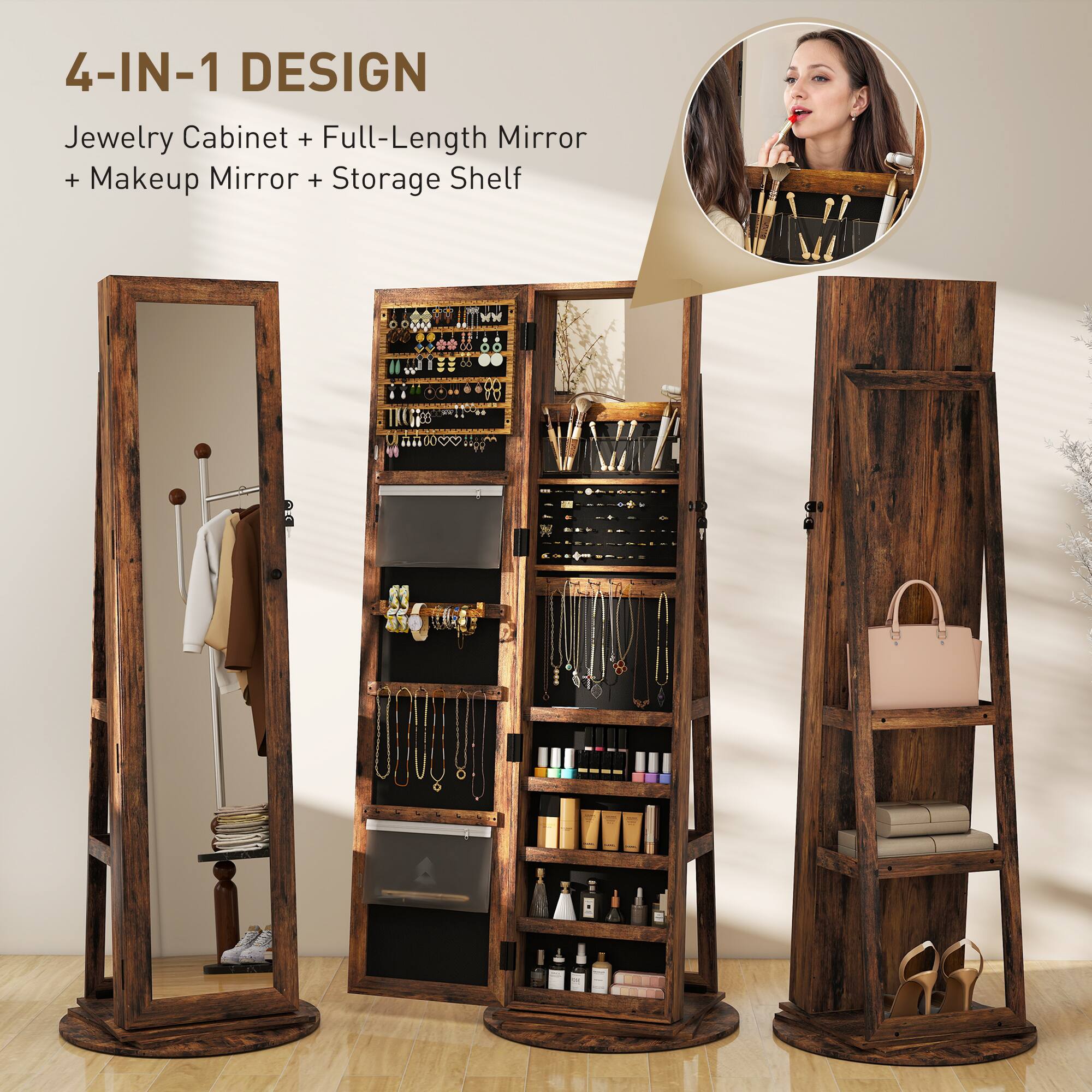 4-IN-1 DESIGN
Jewelry Cabinet + Full-Length Mirror + Makeup Mirror + Storage Shelf