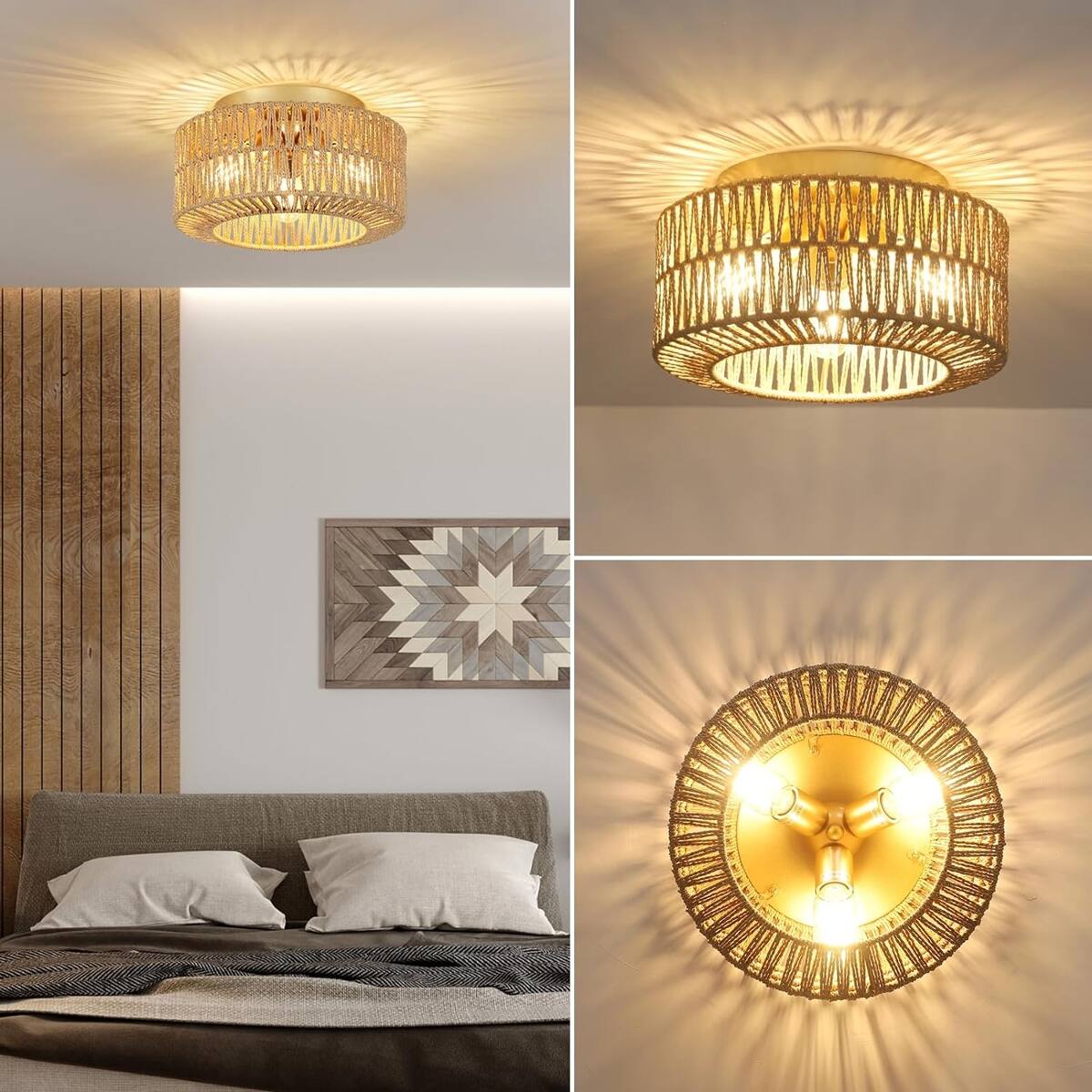 Back. Loheer - Loheer 3 Light Rattan Ceiling Fixture, Boho Flush Mount with Hand-Woven Shade for Bedroom or Entryway.