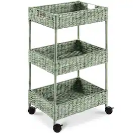 Best Choice Products - 3-Tier Water Hyacinth Rolling Nursery Caddy w/ Wheels, Utility Cart, Storage Organization - Sage