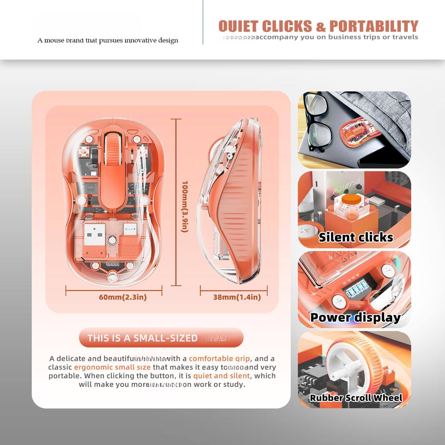 A mouse brand that pursues innovative design

QUIET CLICKS & PORTABILITY  
Accompany you on business trips or travels

THIS IS A SMALL-SIZED  
A delicate and beautiful mouse with a comfortable grip, and a classic ergonomic small size that makes it easy to carry and very portable. When clicking the button, it is quiet and silent, which will make you more focused on work or study.

Silent clicks  
Power display  
Rubber Scroll Wheel