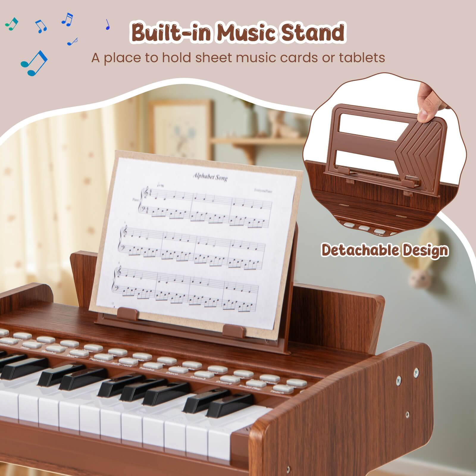 Built-in Music Stand  
A place to hold sheet music cards or tablets  

Alphabet Song  

Detachable Design