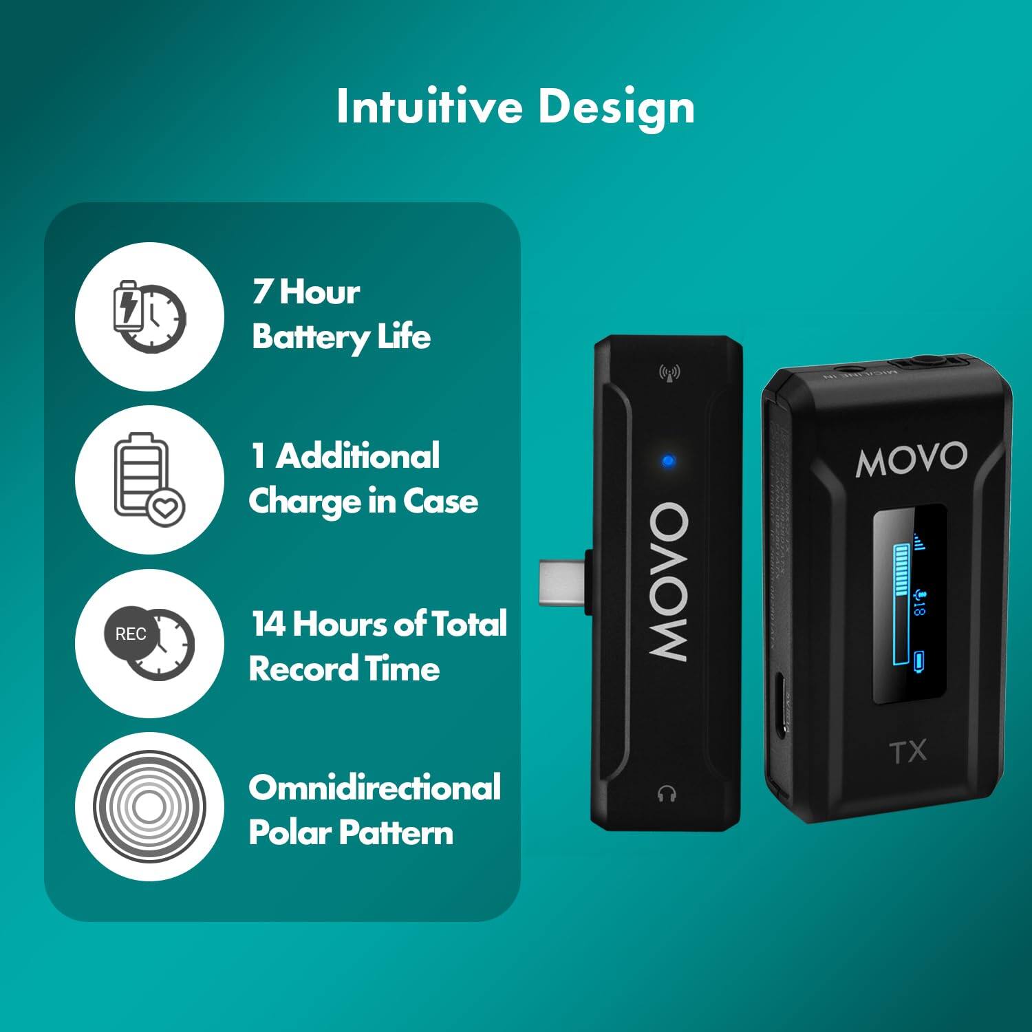 Intuitive Design

- 7 Hour Battery Life
- 1 Additional Charge in Case
- 14 Hours of Total Record Time
- Omnidirectional Polar Pattern