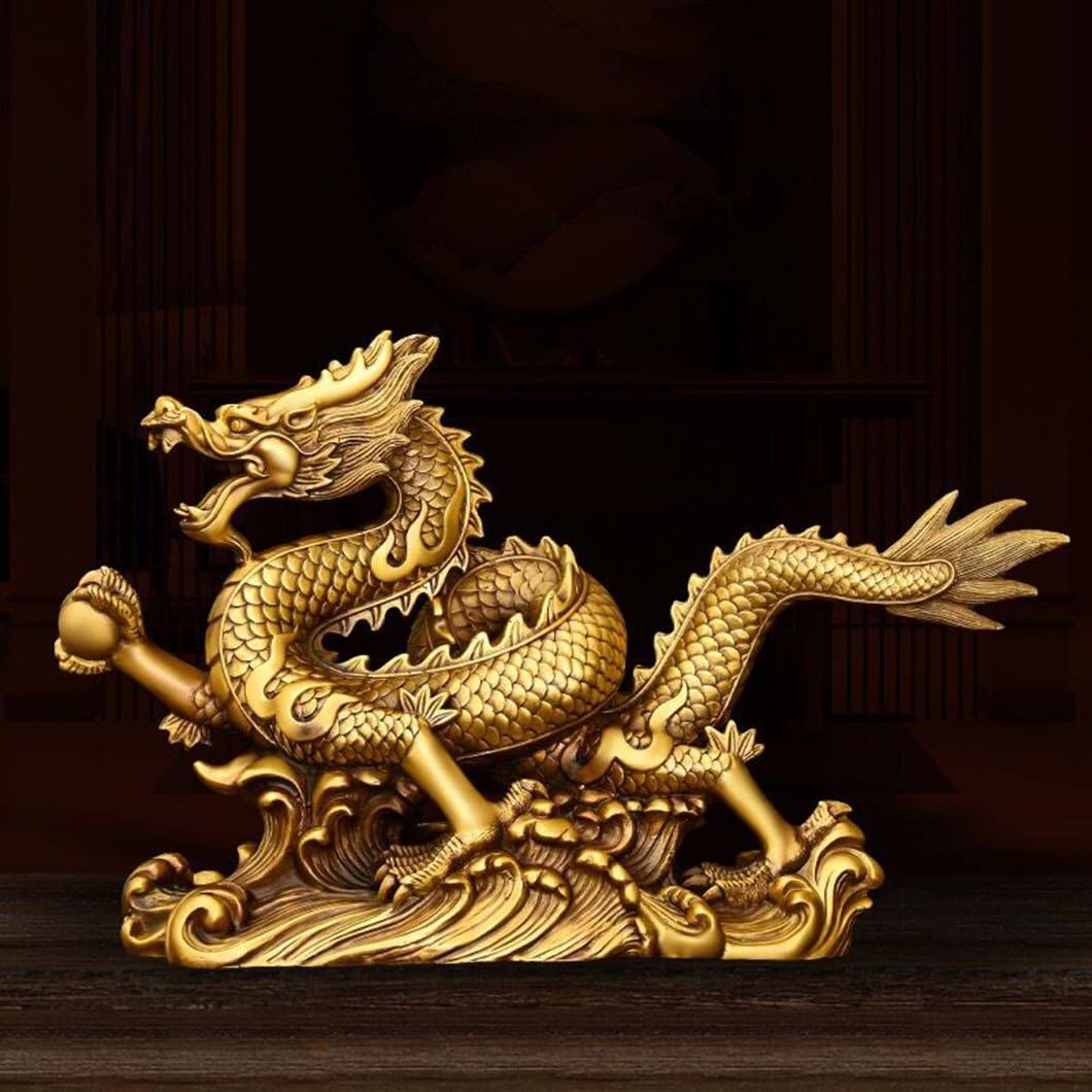 Front. Refined Abode Design - Brass Feng Shui Dragon Statue Sculpture Home Office Decoration Tabletop Decor Ornaments For Wealth And.