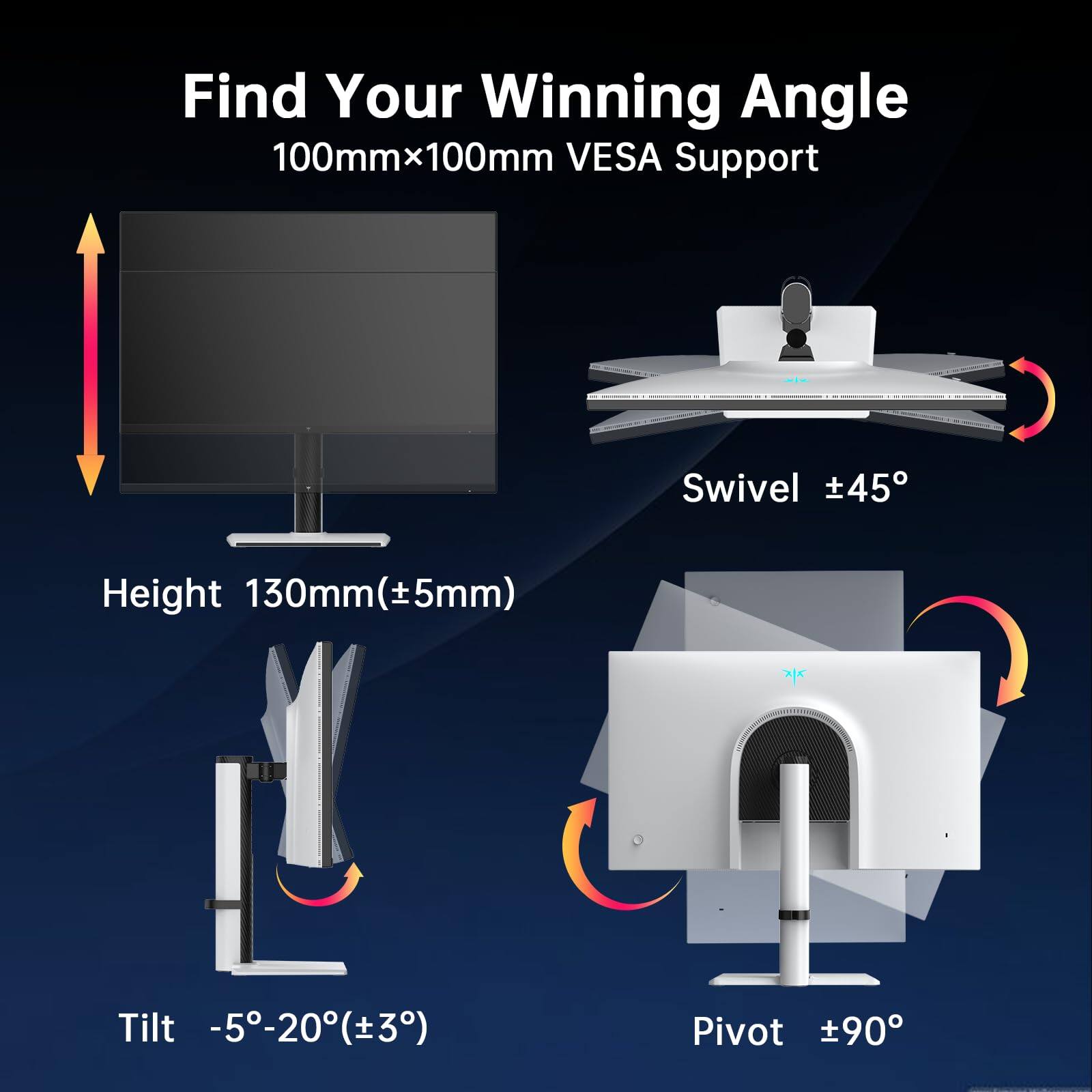 Find Your Winning Angle  
100mm x 100mm VESA Support  
Swivel ±45°  
Height 130mm (±5mm)  
Tilt -5°-20° (±3°)  
Pivot ±90°