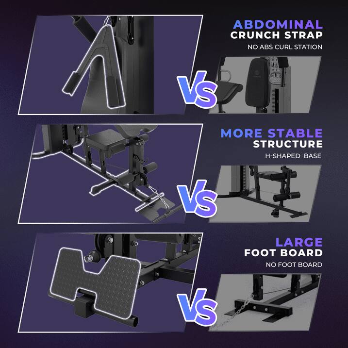 A ABDOMINAL CRUNCH STRAP NO ABS CURL STATION VS MORE STABLE STRUCTURE H-SHAPED BASE VS LARGE FOOT BOARD NO FOOT BOARD VS