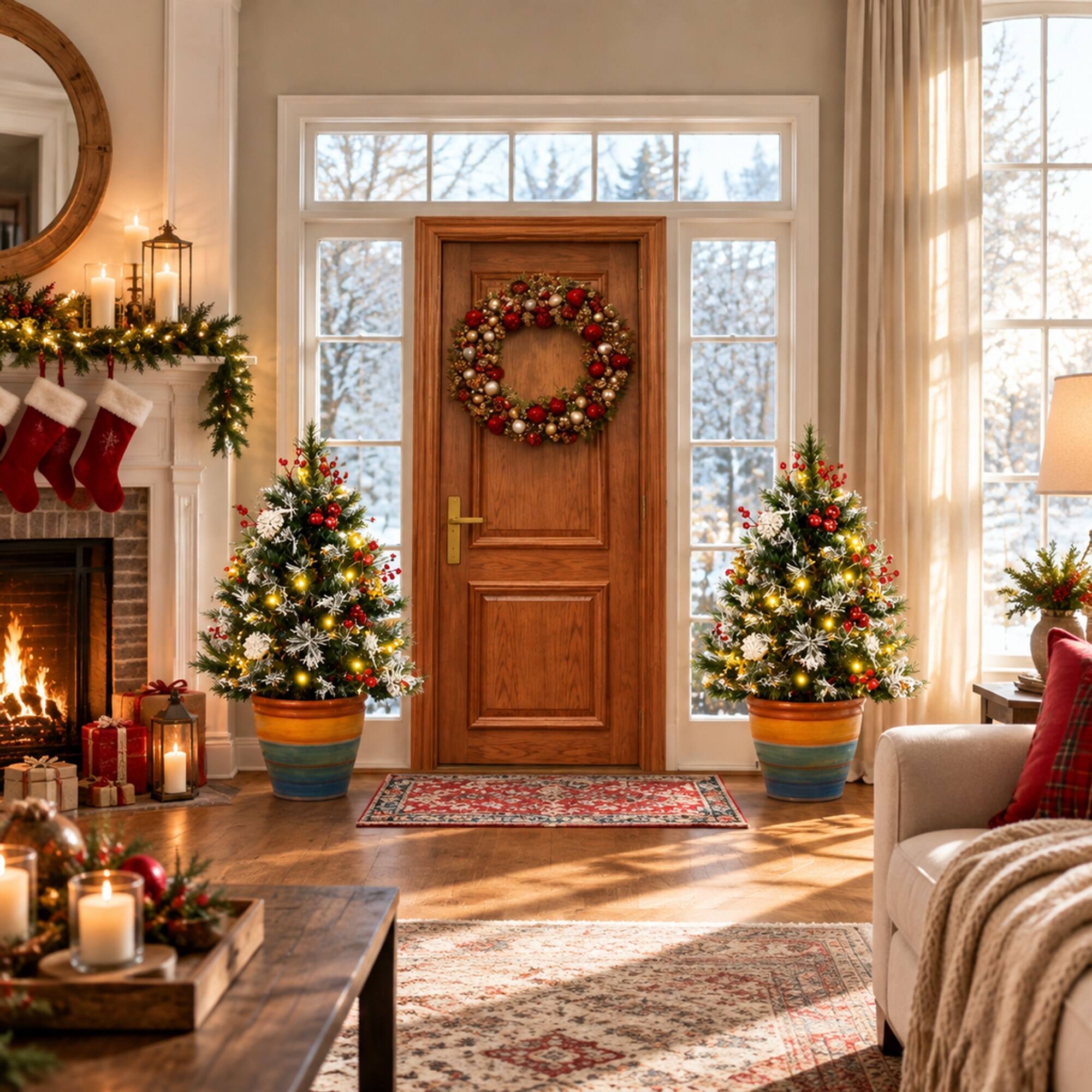 Angle. RYHNUYNE - Artificial Christmas Tree Set With Festive Outdoor Porch Decor and Front Door Charm - Green,White.
