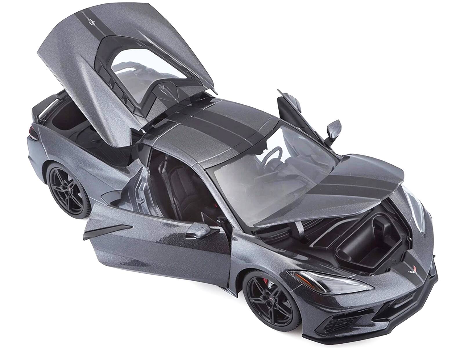 Alt View 1. Maisto - 2020 Chevrolet Corvette Stingray C8 Dark Gray Metallic with Racing Stripes 1/18 Diecast Model Car by Maisto.
