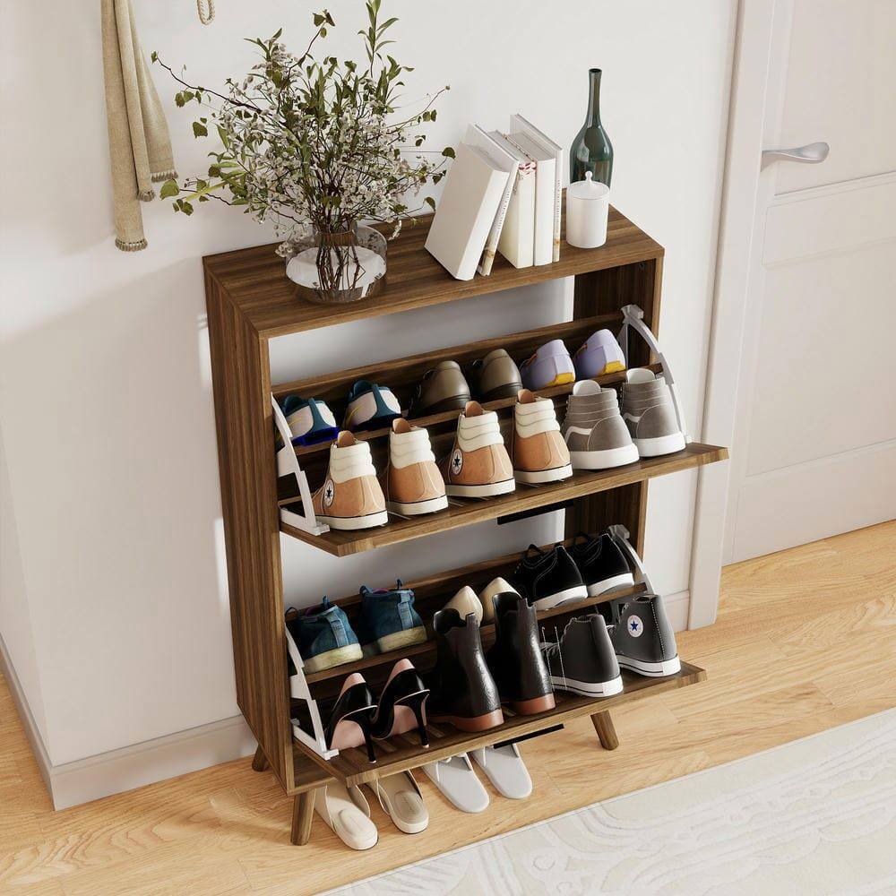 Alt View 7. Kadyn - Resenkos 23.6-Inch Modern Shoe Storage Cabinet with Adjustable Louvered Doors - Walnut - Brown.