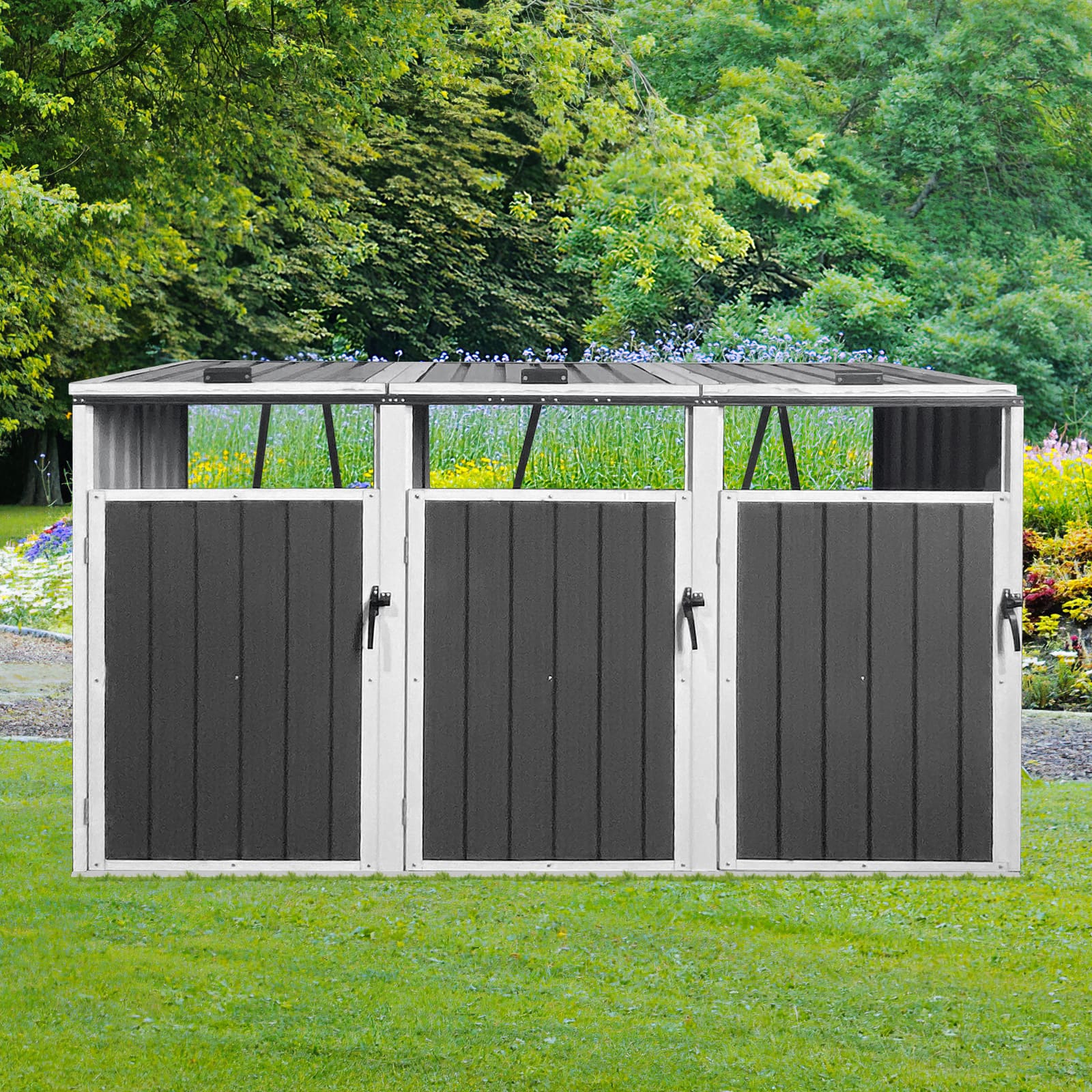 Mondawe - 3 Trash Cans Metal Outdoor Bin Shed - White+gray