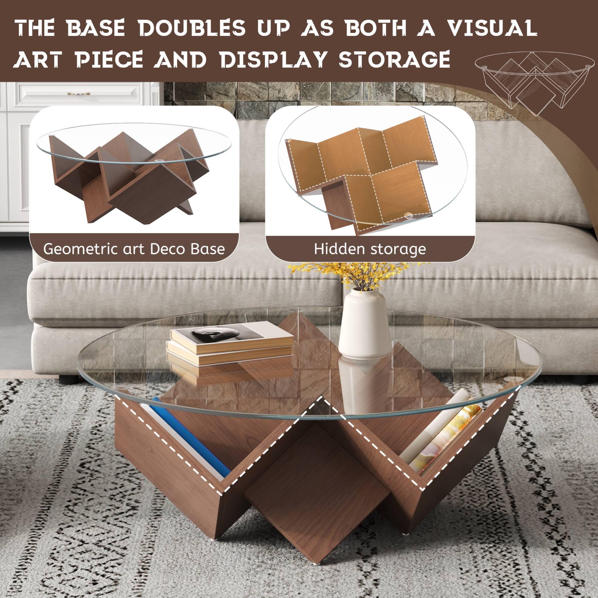 THE BASE DOUBLES UP AS BOTH A VISUAL ART PIECE AND DISPLAY STORAGE

Geometric art Deco Base

Hidden storage
