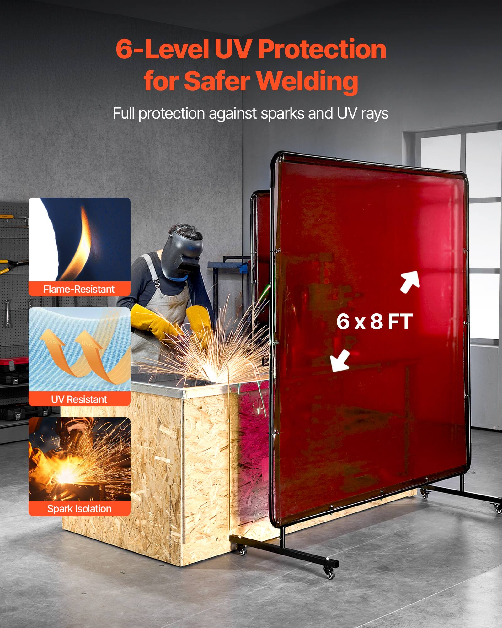 6-Level UV Protection for Safer Welding  
Full protection against sparks and UV rays  

Flame-Resistant  
UV Resistant  
Spark Isolation  

6 x 8 FT