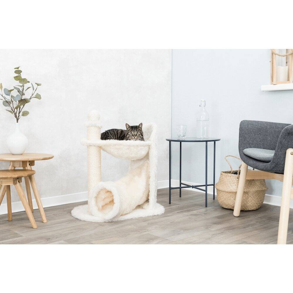 Angle. TRIXIE - Baza Gandia Plush 26.8" Cat Tree with Sisal Scratching Post-Hammock & Tunnel - Cream.