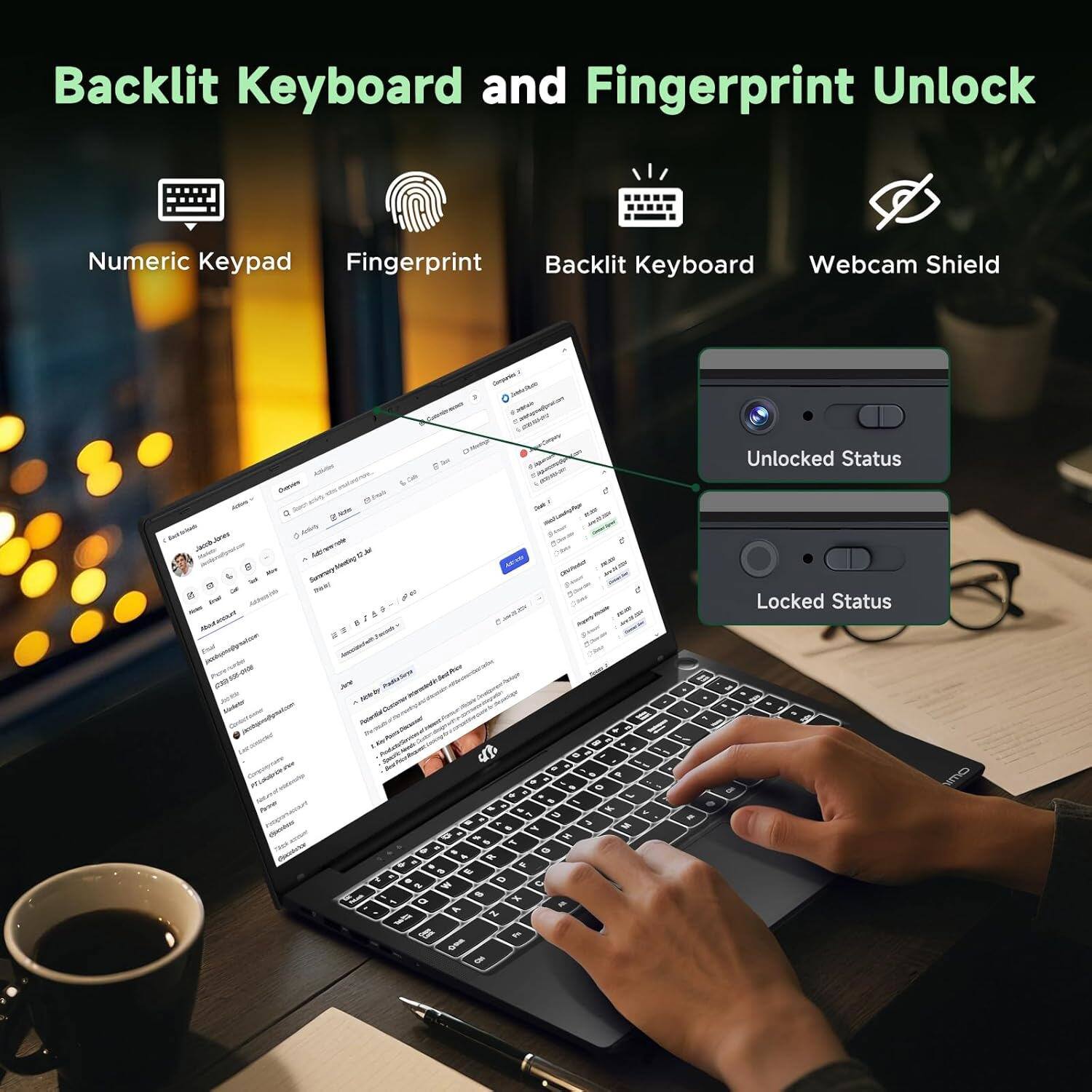 Backlit Keyboard and Fingerprint Unlock

- Numeric Keypad
- Fingerprint
- Backlit Keyboard
- Webcam Shield

Unlocked Status
Locked Status